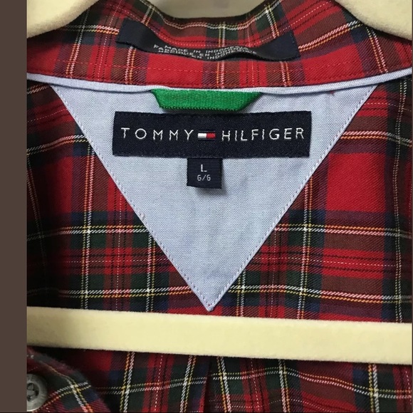 Tommy Hilfiger Button Large Red Green Plaid Shirt - Picture 2 of 5